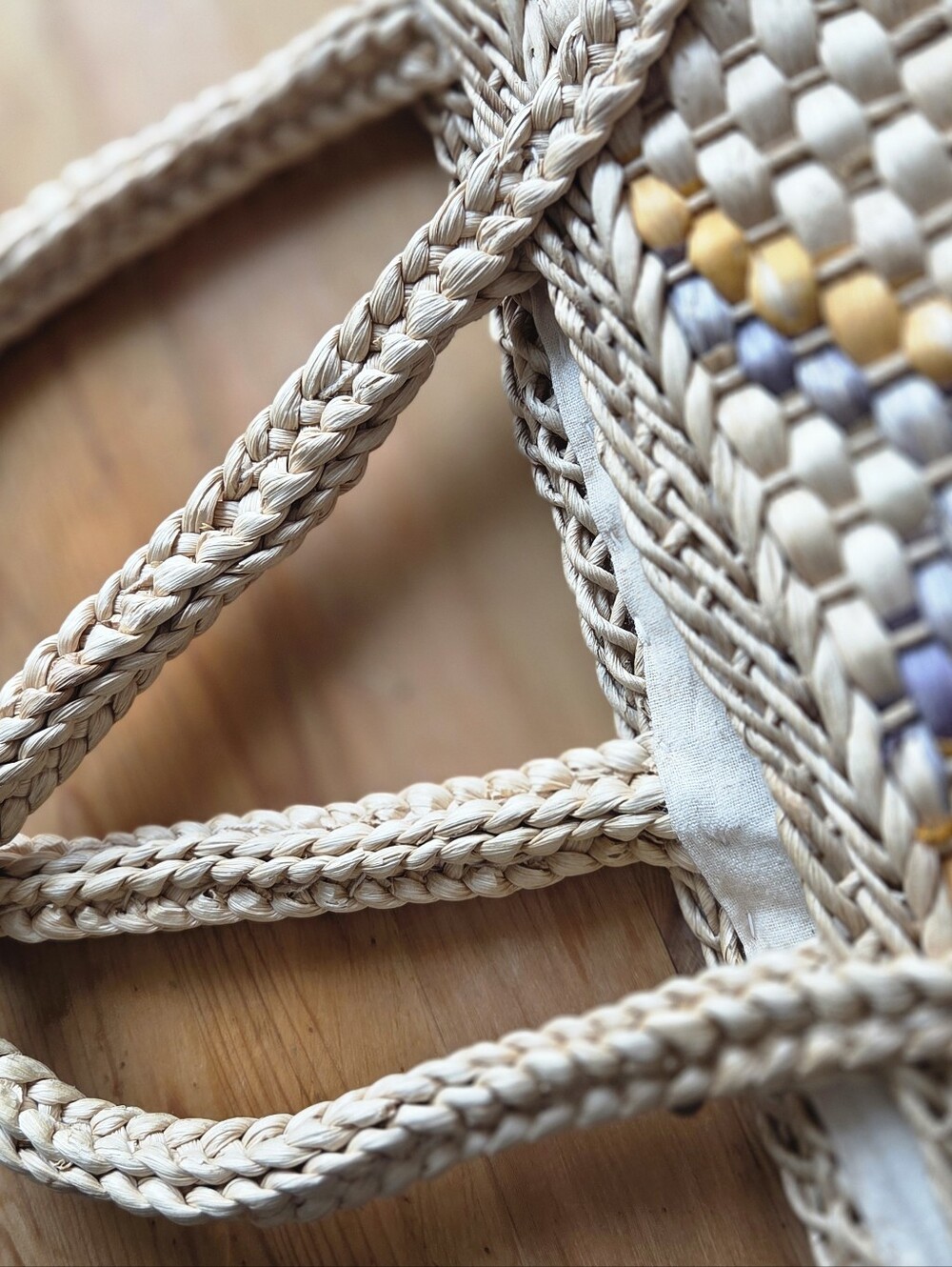 Woven Straw Tote Bag Blue Mustard Geometric Beach Vintage Style - Picture 4 of 14